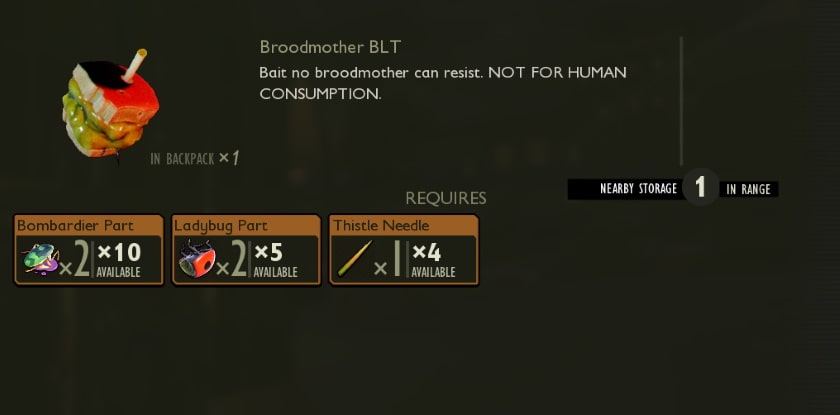 All ingredients list that require to craft the "BroodMother BLT" Tool.